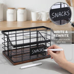 3-Compartment Metal Snack Organizer for Countertop, Snack Basket with Wooden Base and Pen, Chip and Candy Storage Bin for Kitchen Pantry and Snack Bar Station, Black