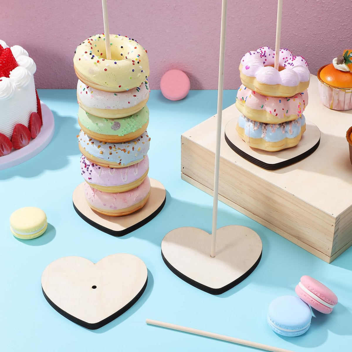 BESTYASH Wooden Donut Display Stand 15 Bases and 15 Rods Dessert Table