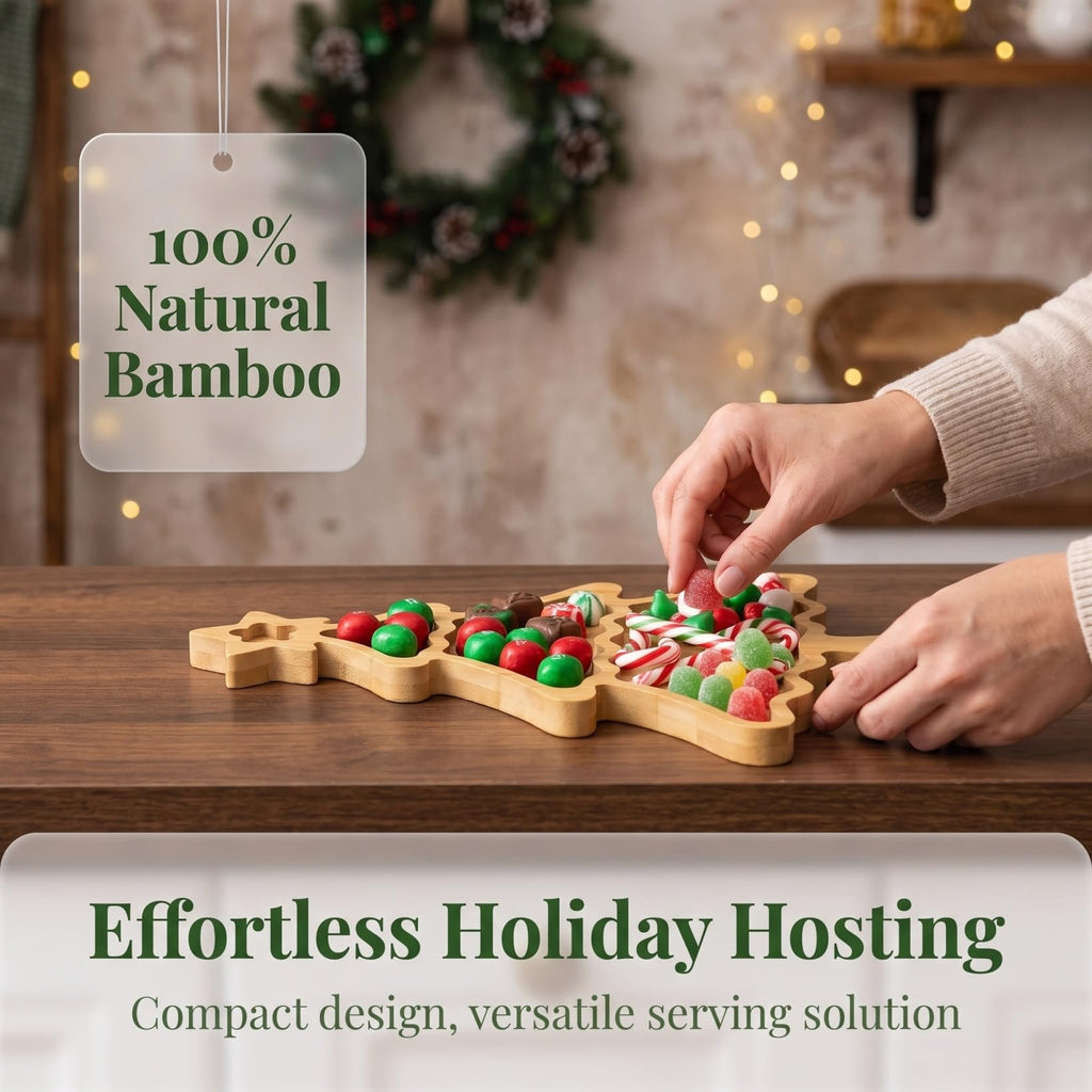 Veemoon Christmas Tree Serving Platter Small Bamboo Charcuterie Board Appetizer Display Tray Divided Candy Dish with 3 Compartments Snack Dessert Candy Fruit Plates for Xmas Party