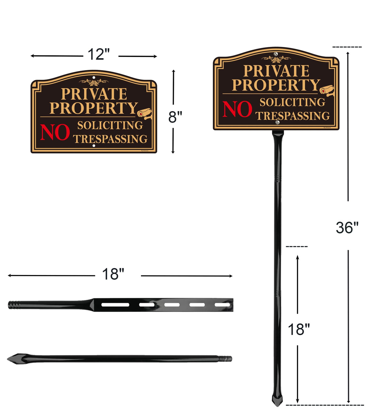 2Pack Private Property No Trespassing Sign with 36" Tall Metal Stake, 12" x 8" No Soliciting Sign Aluminum, Easy Installation, Rust-Free& Fade Resistant 12X8" +36" Stake