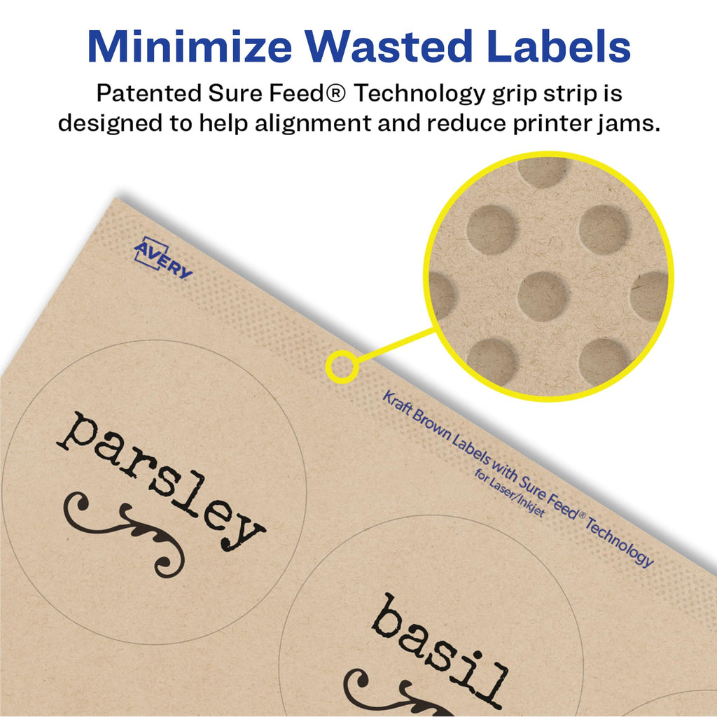 Avery Round Labels, 2" Diameter, Kraft Brown, Sure Feed Technology, Print-to-The-Edge Capability, Laser/Inkjet Compatible, 144 Printable Labels Total (40105) 144 labels