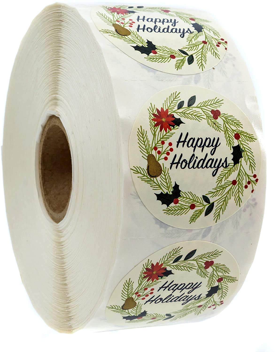 Ivory Holiday Floral Happy Holidays Stickers / 1000 White Wreath Christmas Labels Roll / 1.5" Round Envelope Seals/Made in The USA Ivory