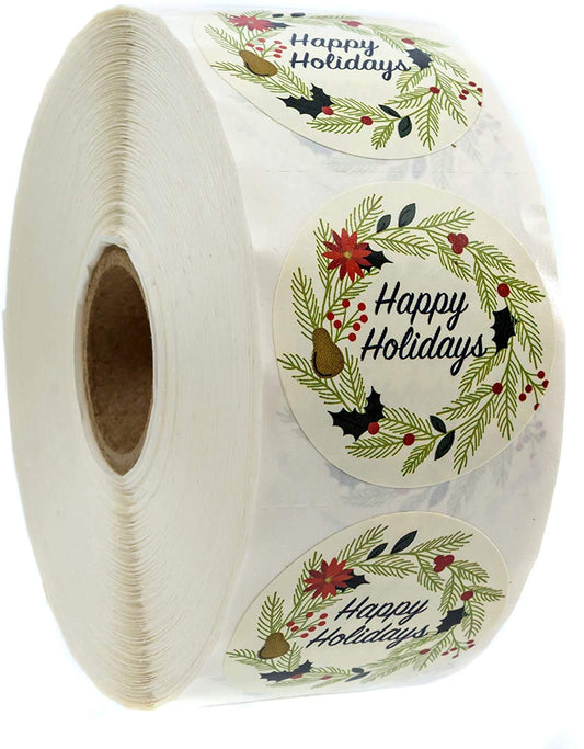 Ivory Holiday Floral Happy Holidays Stickers / 1000 White Wreath Christmas Labels Roll / 1.5" Round Envelope Seals/Made in The USA Ivory