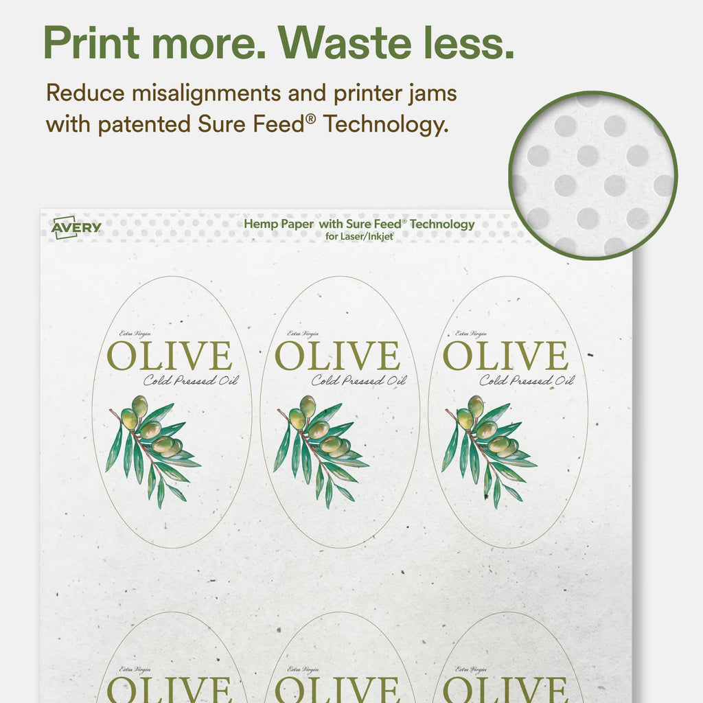 Avery® Printable Oval Hemp Labels, Sure Feed® Technology, 4-1/4" x 2-1/2", Off-White, Laser & Inkjet Compatible, 120 Total, Great for Product Branding, Packaging, and More 120 Labels