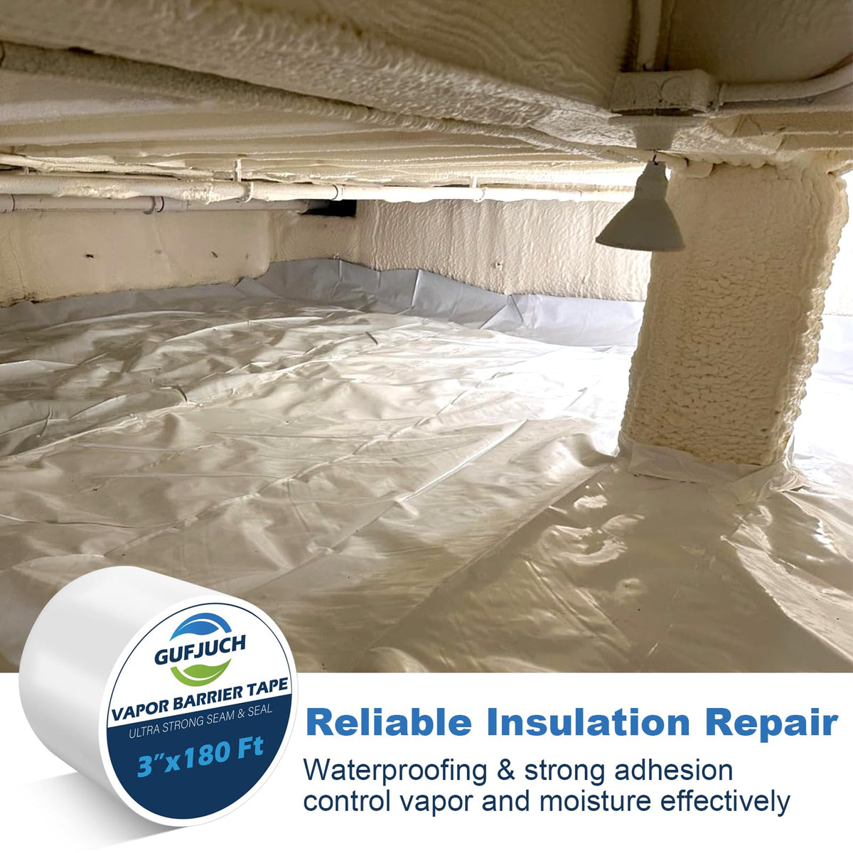 Vapor Barrier Tape, White Polyethylene Waterproof Seal & Seam Tape For Crawl Spaces, Moisture Barriers, Underlayment Seams, Metal Building Seams, Air Barrier, Insulation Repair & Plastic Liners