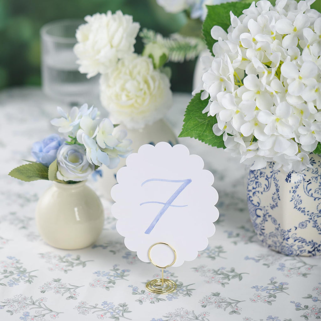 Wedding Table Numbers 1-20 for Wedding Reception with Gold Holders Scalloped Blue