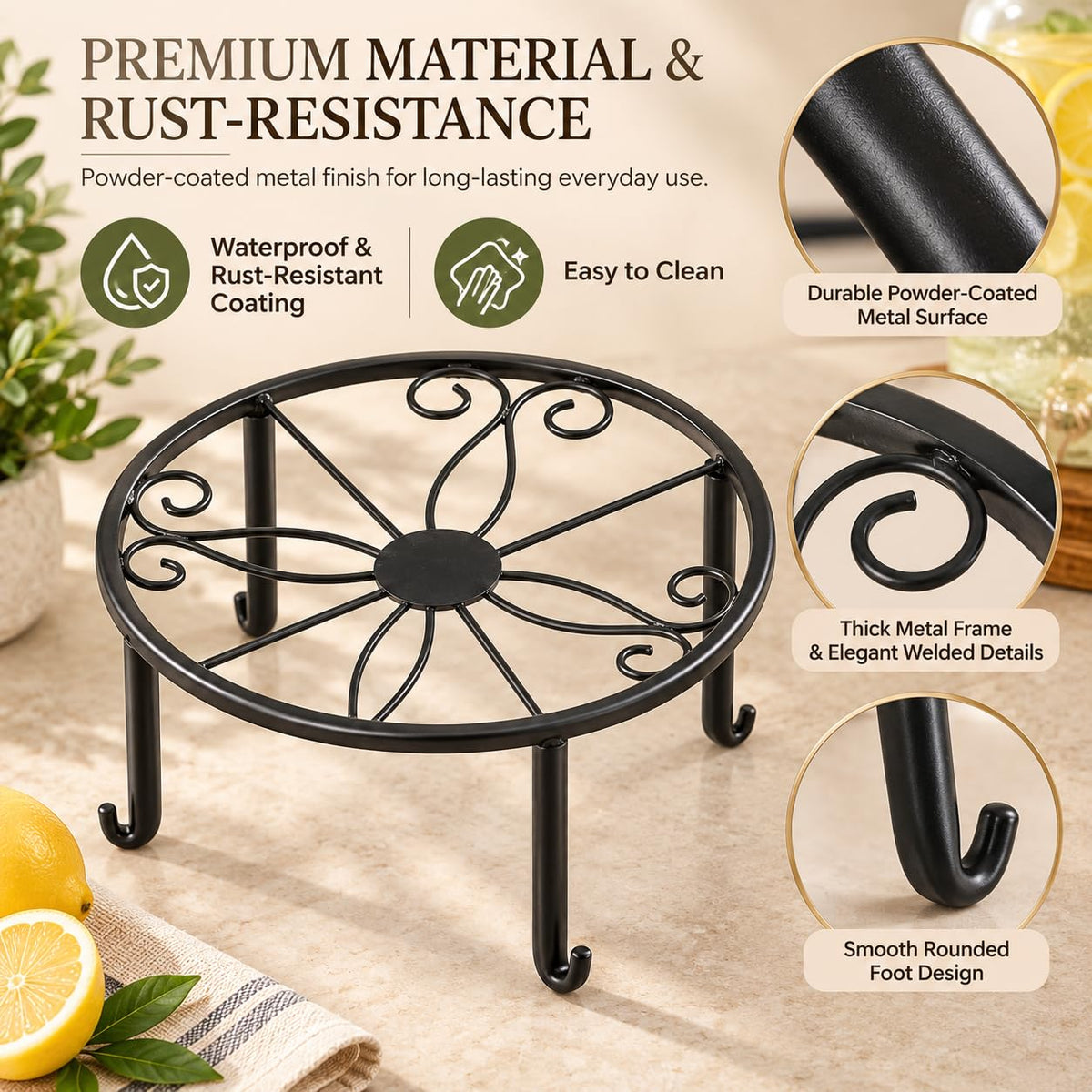 Beverage Dispenser Stand, Heavy Duty Metal Plant Pot Holder (Round, Black)