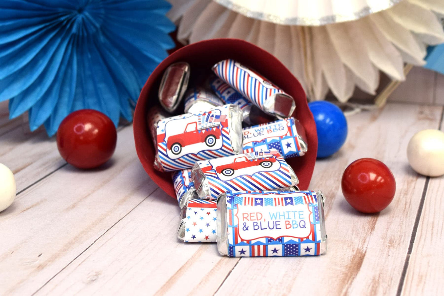 Red, White & Blue BBQ Party Mini Chocolate Candy Bar Sticker Wrappers, 45 1.4" x 2.6" Wrap Around Labels by Amanda Creation, Great for Party Favors