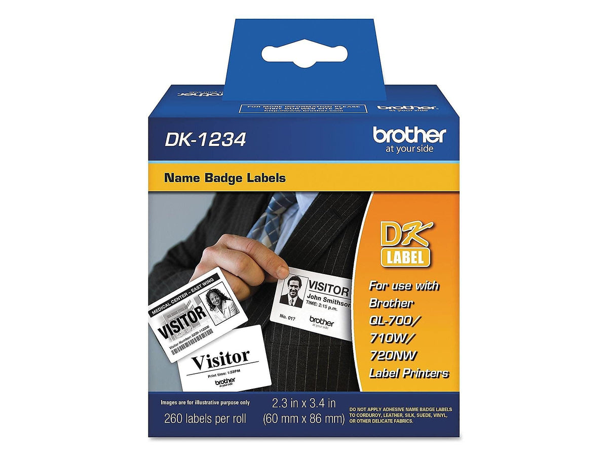 Brother Genuine DK-1234 Die-Cut Adhesive Name Badge White Paper Labels for Brother QL Label Printers, 2.3" x 3.4" (60mm x 86mm), 260 Labels per Roll, DK1234 1 Roll