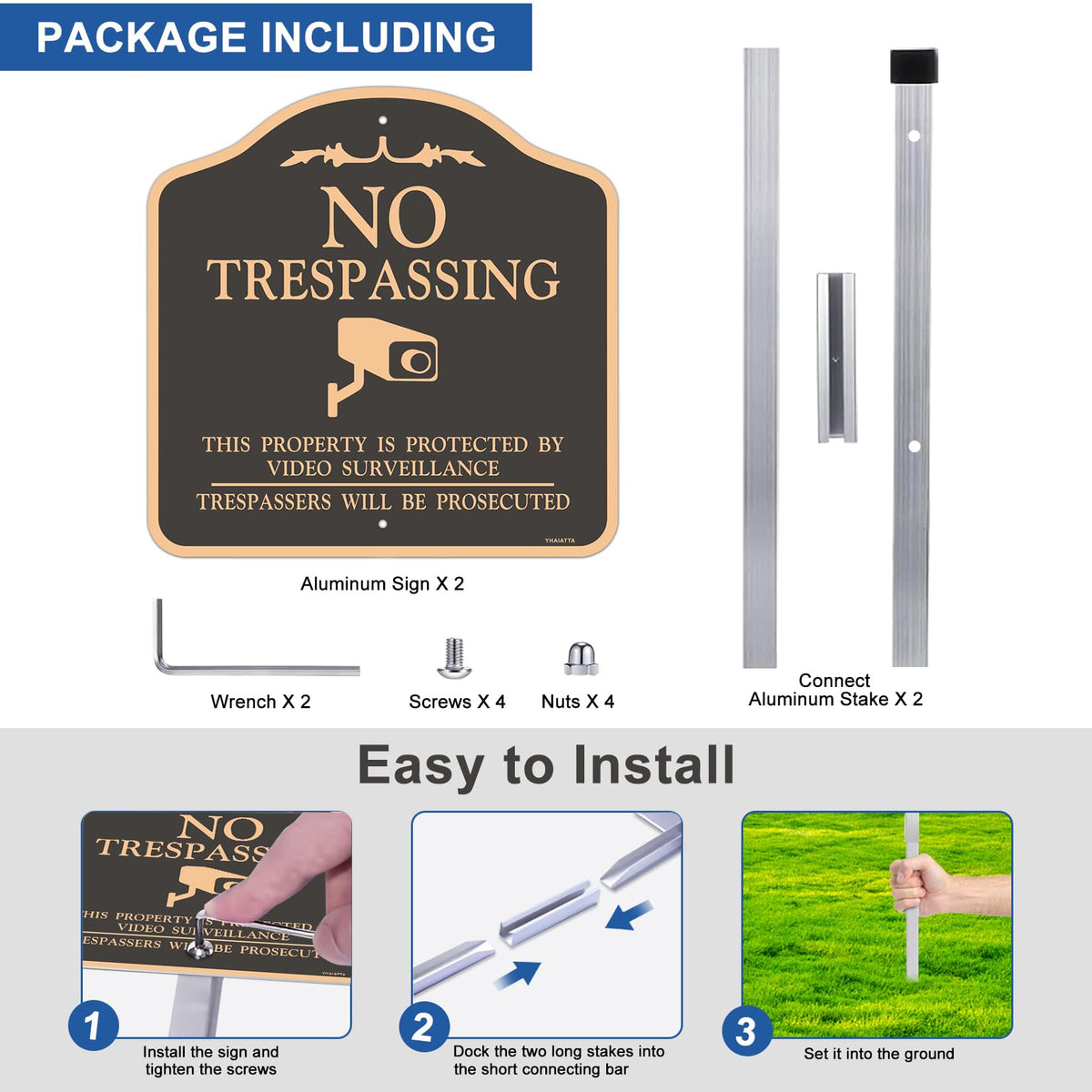 (2 Pack) Large No Trespassing Sign, Video Surveillance Signs Outdoor, Reflective, Metal, Aluminum, Includes Metal Yard Stakes for Easy Installation, 12x12 Inches