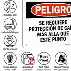 SmartSign 14" x 10" Bilingual (English/Spanish) Danger Fall Protection Required Beyond This Point Metal Sign, 40 mil Laminated Rustproof Aluminum, Pre-Drilled Holes, Red, Black and White, Made in USA