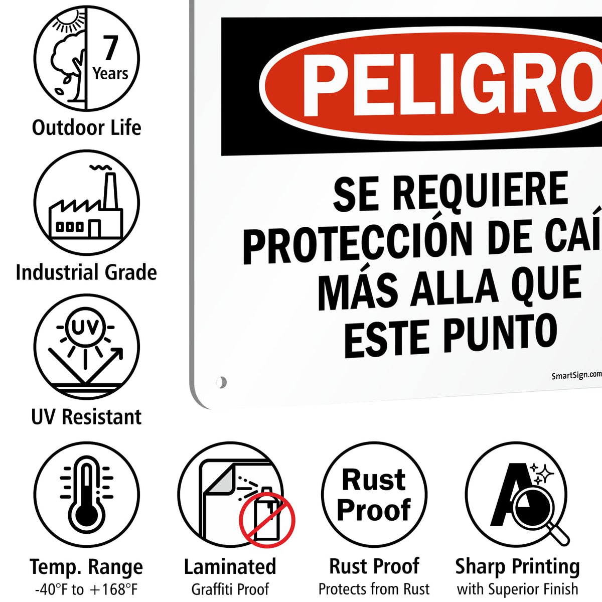 SmartSign 14" x 10" Bilingual (English/Spanish) Danger Fall Protection Required Beyond This Point Metal Sign, 40 mil Laminated Rustproof Aluminum, Pre-Drilled Holes, Red, Black and White, Made in USA