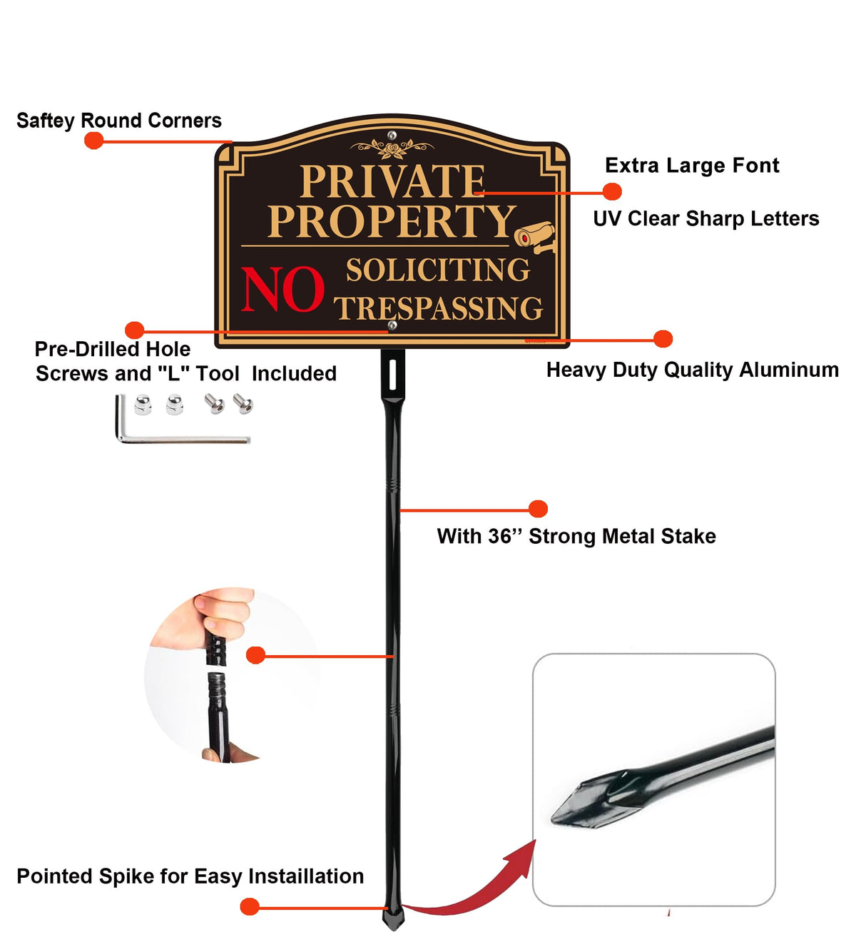 2Pack Private Property No Trespassing Sign with 36" Tall Metal Stake, 12" x 8" No Soliciting Sign Aluminum, Easy Installation, Rust-Free& Fade Resistant 12X8" +36" Stake