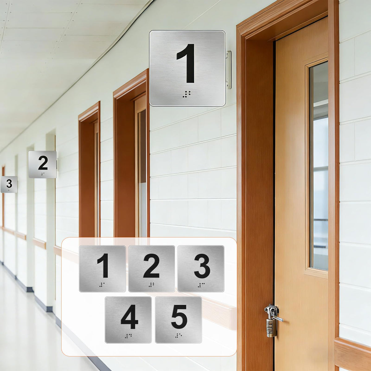 Door Numbers with Braille and Tactile Numbers,Exam Room Sign Numbers 1-5 and 6-10,Double Sided Tape Silver 4" x 4",for Exam Rooms Apartment Offices Educational Institution Elevator Sign,Directional Assistance Test Center (Numbers1-5) Numbers1-5