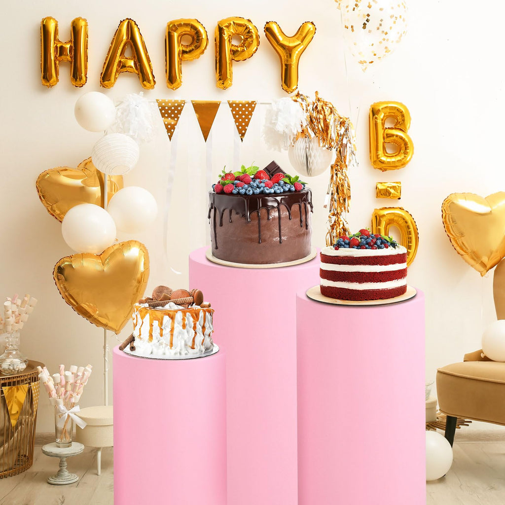 Set of 3 Light Pink Cylinder Spandex Stand Covers, Plinth Stand Cover for Party Wedding Birthday Decoration, Only Contains Cylinder Covers (Elastic Fabric - Large)