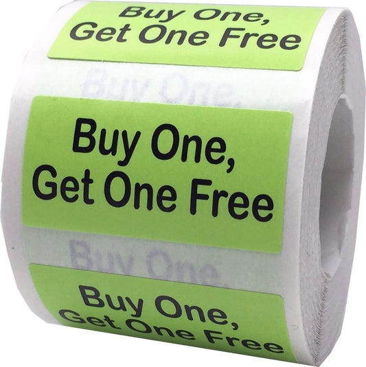 Hot Green with Black Text Buy One, Get One Free Rectangle Stickers, 3/4 x 1.5 Inches in Size, 500 Labels on a Roll for Promotions and Retail - Made in The USA