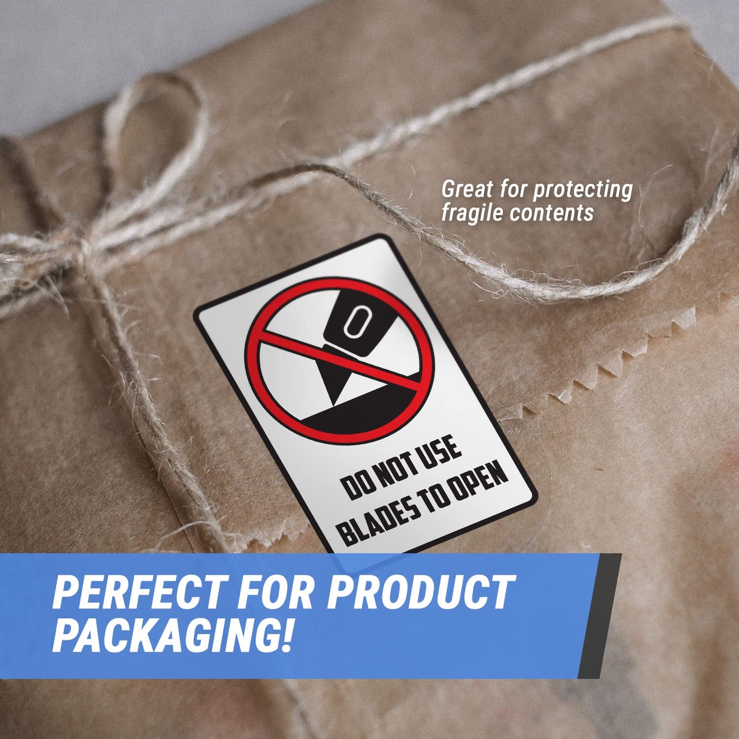 600 Do Not Use Blades to Open Stickers - 2 x 3 inch, Do Not Use Sharp Obejcts Labels - Warning Instructio with Strong Adhesive - 2 Rolls of 300 Labels