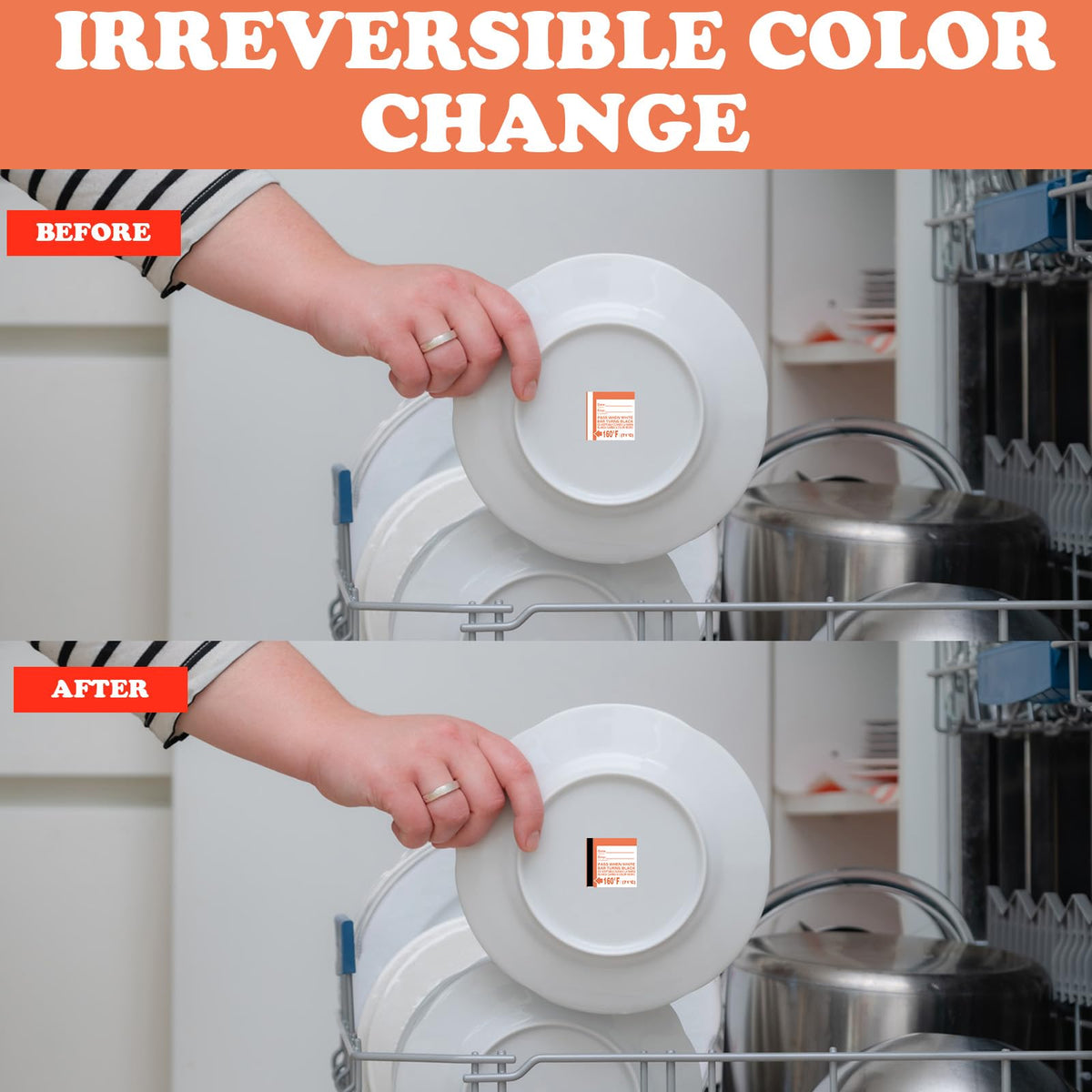 Relaxweex 24-pack dishwasher temperature test strips showing waterproof labels for 160°F heat testing on commercial and home dishwashers.