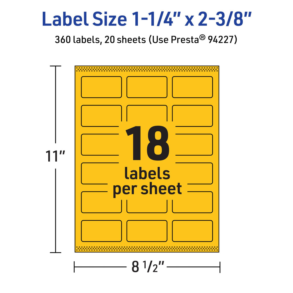 Avery® Printable Rectangle Labels, Sure Feed® Technology, 1-1/4" x 2-3/8", Bright Yellow Labels, Print-to-The-Edge, Laser/Inkjet Printable, 360 Total, Great for Mailing 360 labels
