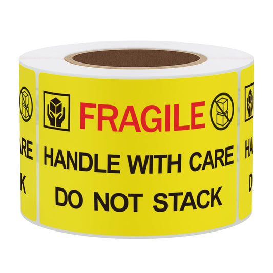 Hybsk 2x3 inch 300pcs Fragile Stickers for Shipping Moving Handle with Care Do Not Stack Yellow Warning Labels (Type 2) Type 2