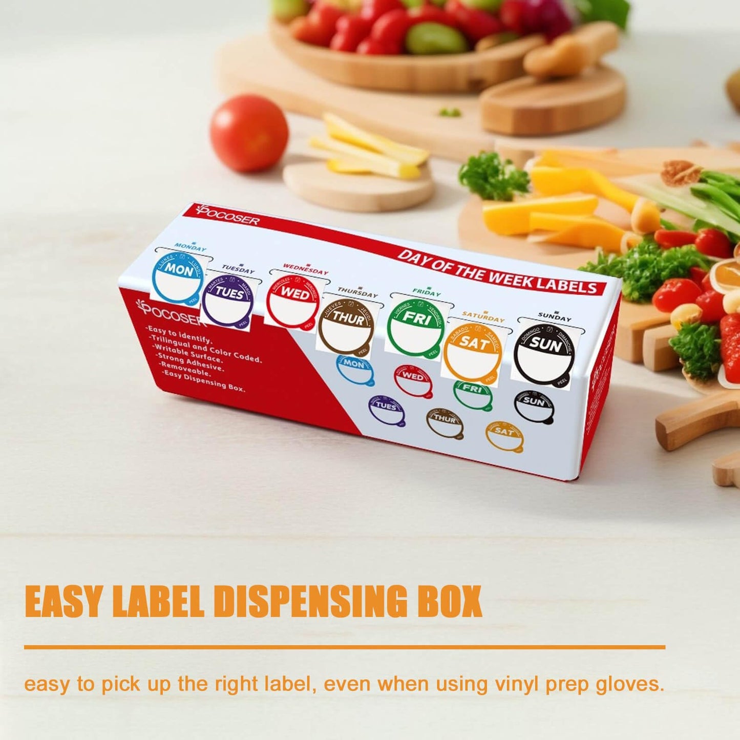 Label Stickers for Food Containers with Dispenser Box, Removable Day Dot Food Labels Peel Tab 7 Day of The Week for Home Freezer Restaurant Supplies Week Monthly Planners Meal Prep Accessory