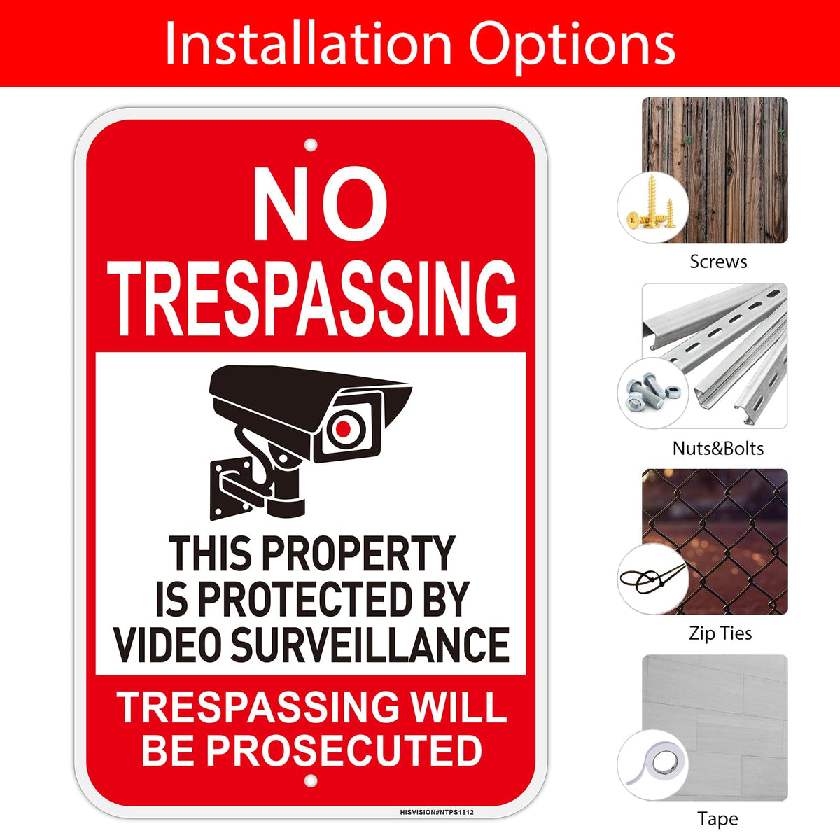 2 PC No Trespassing Signs Private Property, 18"x12" Video Surveillance Sign Red