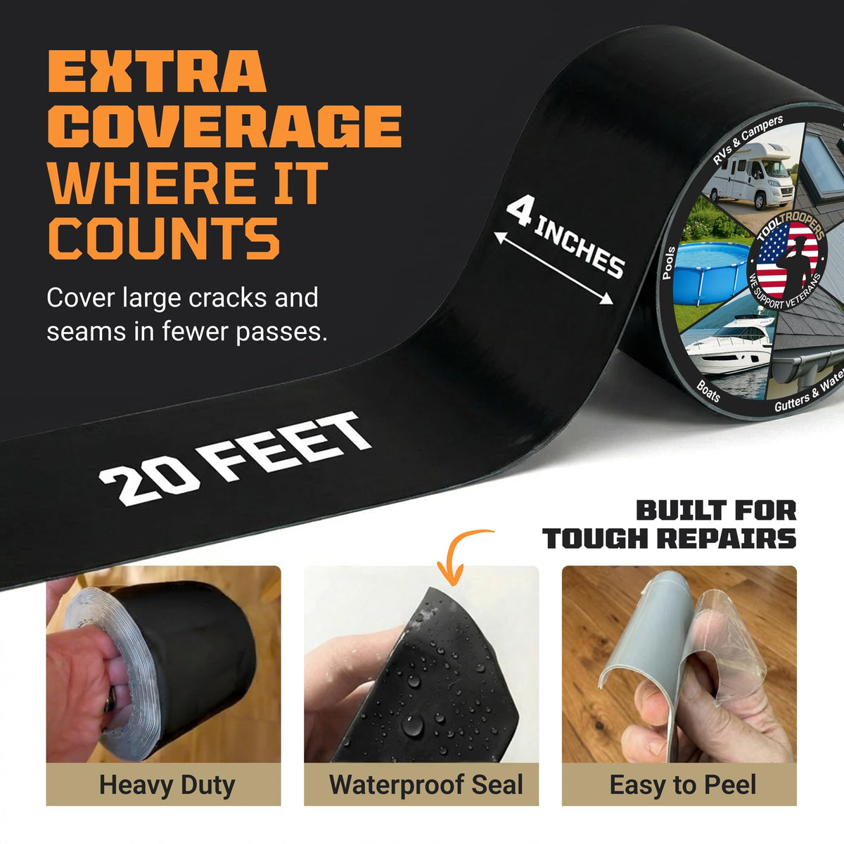 TITANPATCH PRO Waterproof Sealant Tape – Black 4" x20' – Stops Leaks Fast & Stays Sealed for 15+ Years – Sticks to RVs, Roofs, Pools, Boats, Gutters – Built for Harsh Weather (-40°F to 190°F) 4" x 20ft