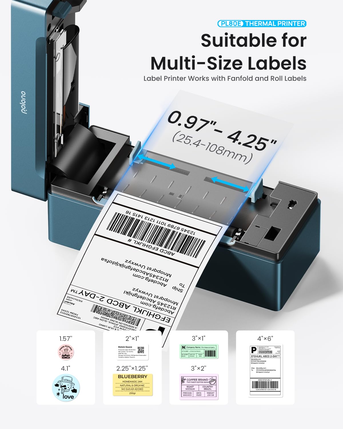 POLONO Bluetooth Thermal Shipping Label Printer, 4x6 Thermal Label Printer Blue