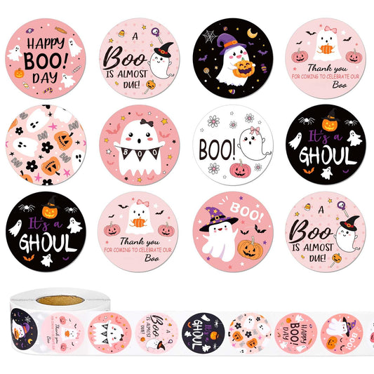 1000Pcs Halloween Stickers Roll Pink Black Cute Ghost Boo Self-Adhesive Round Stickers for Halloween Party Gift Bags Self-Sealing Supplies, 8 Design
