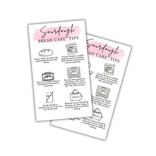 Sourdough Bread Care Instruction Cards | 50pk 2x3.5” Storage Bakery Starter Client Packaging Cinnamon Roll Labels Tips Store Labels Stickers