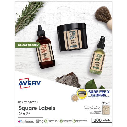 Avery Kraft Brown Square Labels with Sure Feed Technology, 2" x 2", Print to The Edge, Laser/Inkjet Printable Labels, 300 Total (22846) 300 Labels