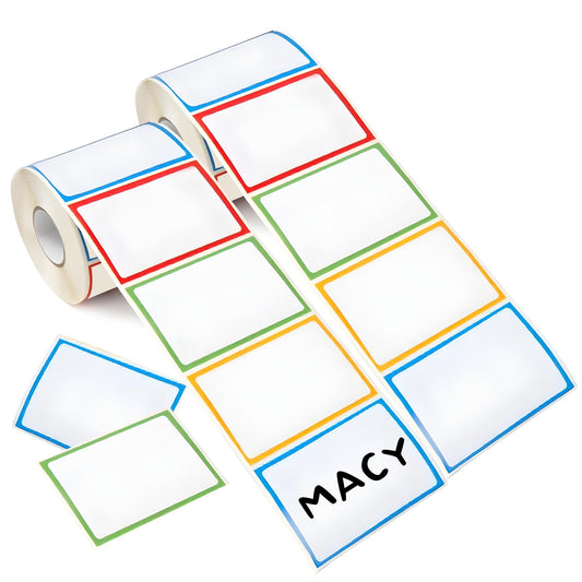 Office Werks 500 Name Badge Stickers with Color Border, 2 Rolls of 250, Multipurpose, Self-Adhesive and Easy to Peel Off, Non-Toxic and Odorless - for Classroom, Office and Home