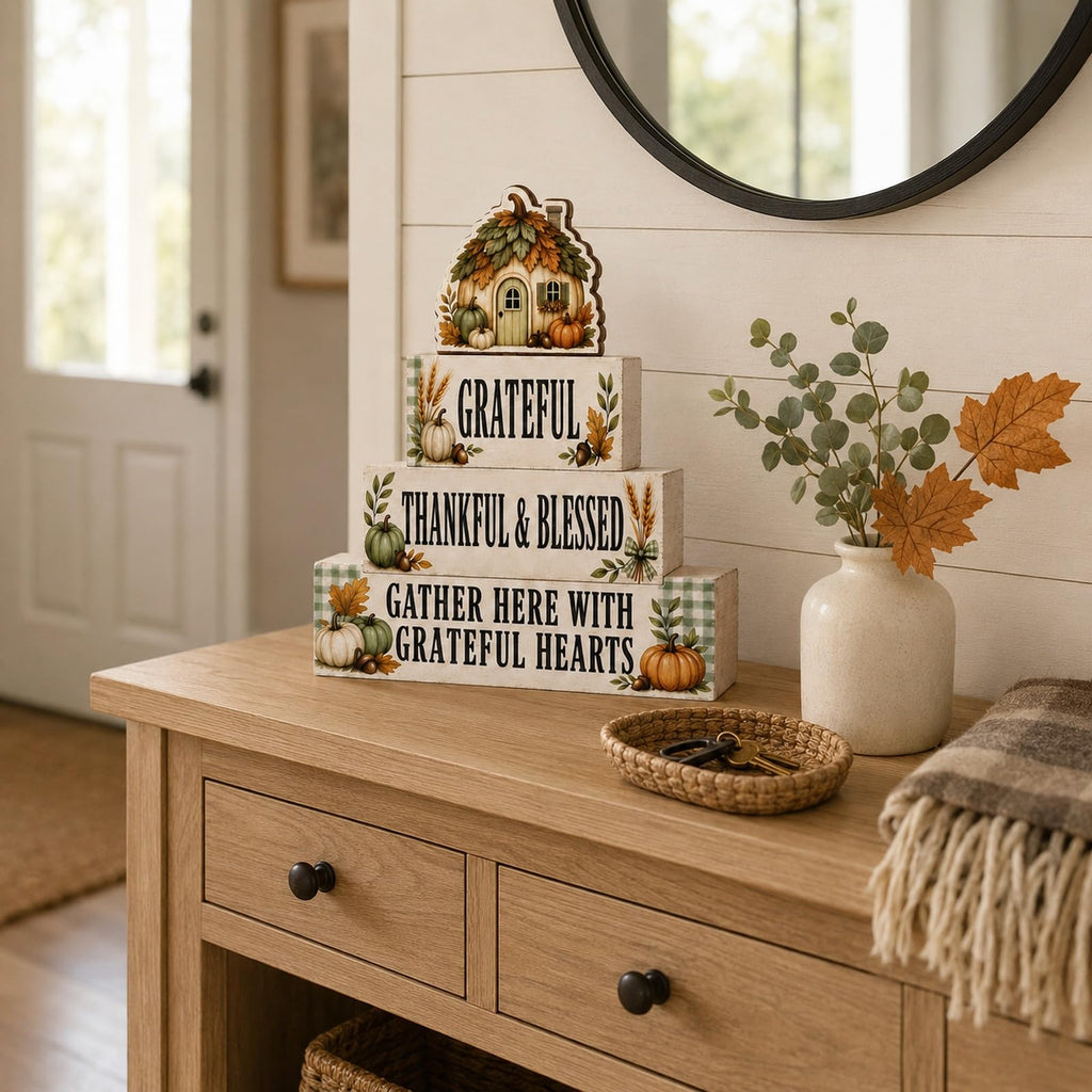 EXY 4 Pcs Pumpkin House Table Decor Fall Rustic Wooden Tiered Tray Decor Thanksgiving Pumpkin