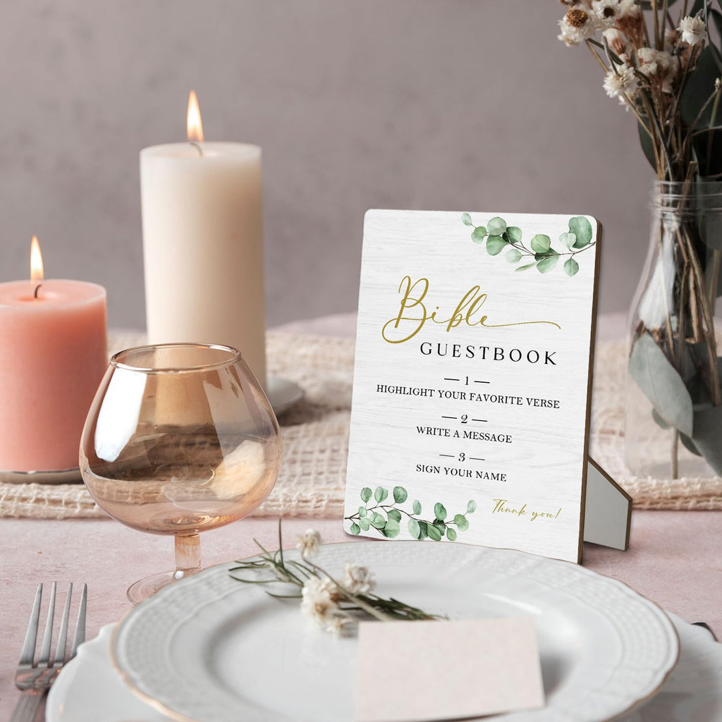 Bible Guest Book Sign 5"X7", Wedding Bible Guest Book Wooden Stand Sign, Wedding Table Decor for Ceremony & Reception (Green Leaves, 5x7 Inch) 5"X7" Green Leaves
