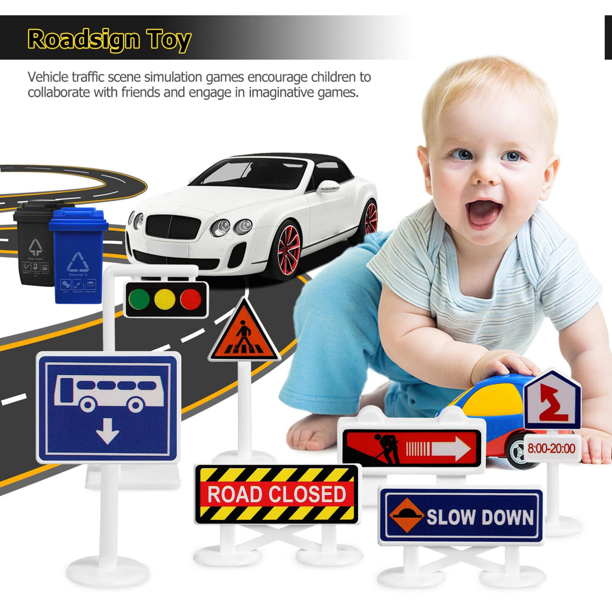 105PCS Mini Traffic Road Signs Set Mini Traffic Cones Construction Toys Miniature Trash can Light Crosswalk Signal Roadblocks Street Playset for Safety Education Plaything