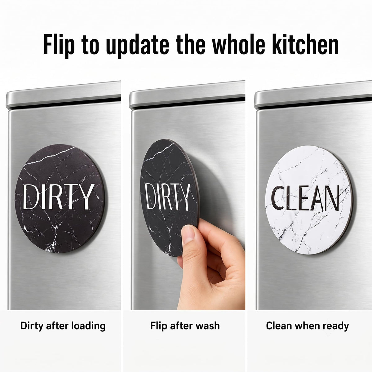 Dishwasher Magnet Clean Dirty Sign, 3.54 Inch Reversible Clean Dirty Magnet for Dishwasher, Waterproof Double Sided Black White Marble Indicator, Kitchen Accessories, 1 Pack