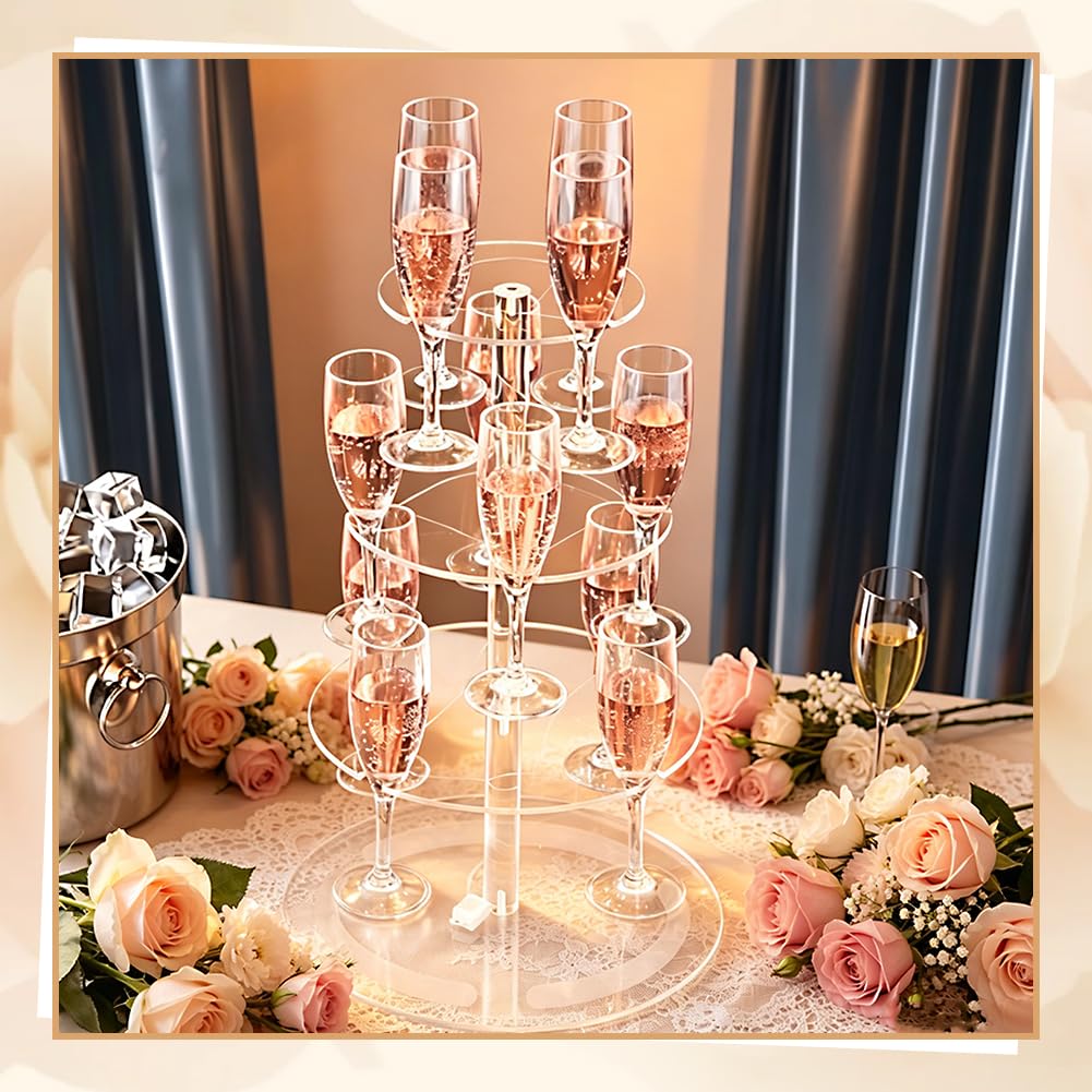 WADORN 3-Tier Clear Acrylic Champagne Tower, Champagne Display Rack Stand with 12 Slots Round Cocktail Stemware Tree Stand Holders for Wedding Celebration Bar Party Cocktails Margarita Cups Display