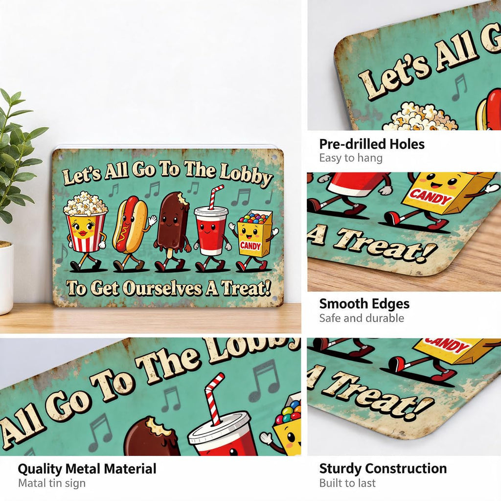 Let's All Go to the Lobby Movie Snack Metal Tin Sign, Home Theater Decor