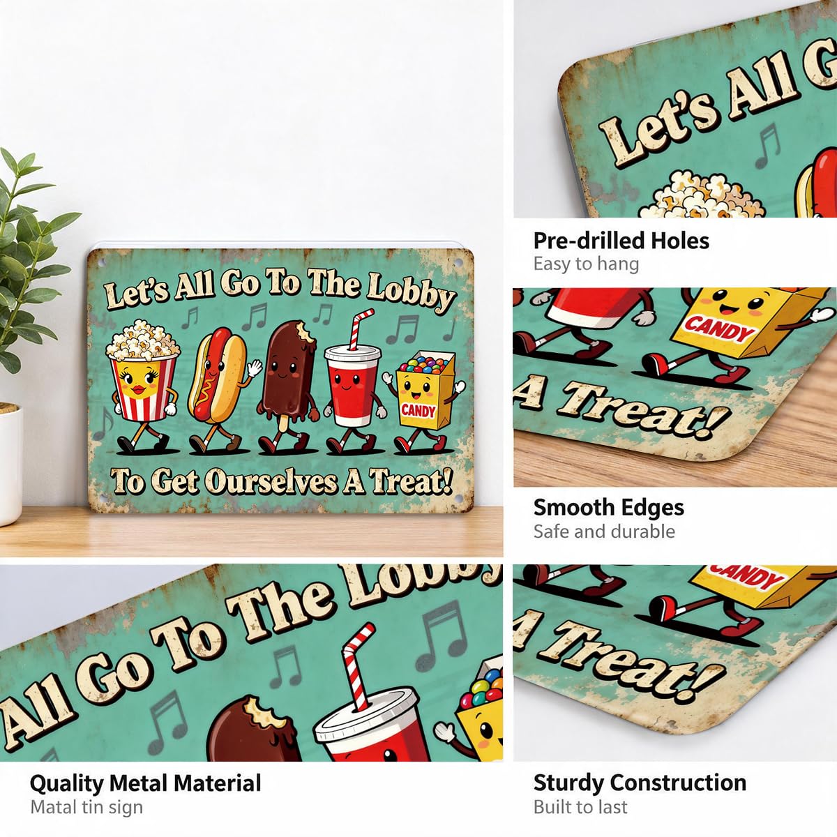 Let's All Go to the Lobby Movie Snack Metal Tin Sign, Home Theater Decor