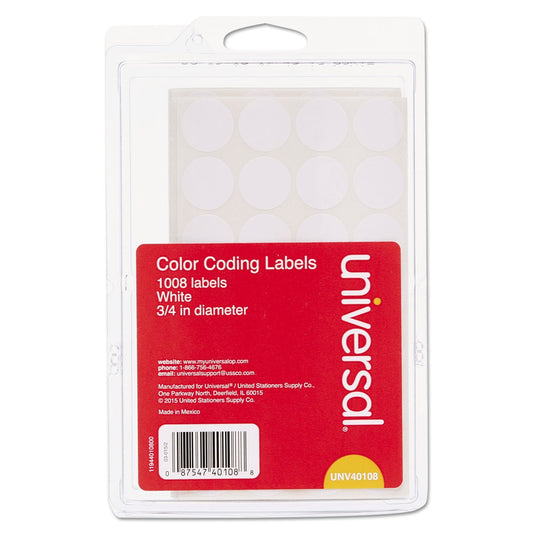 Universal 40108 Self-Adhesive Removable Color-Coding Labels, 3/4-Inch Dia, White, 1008/Pack