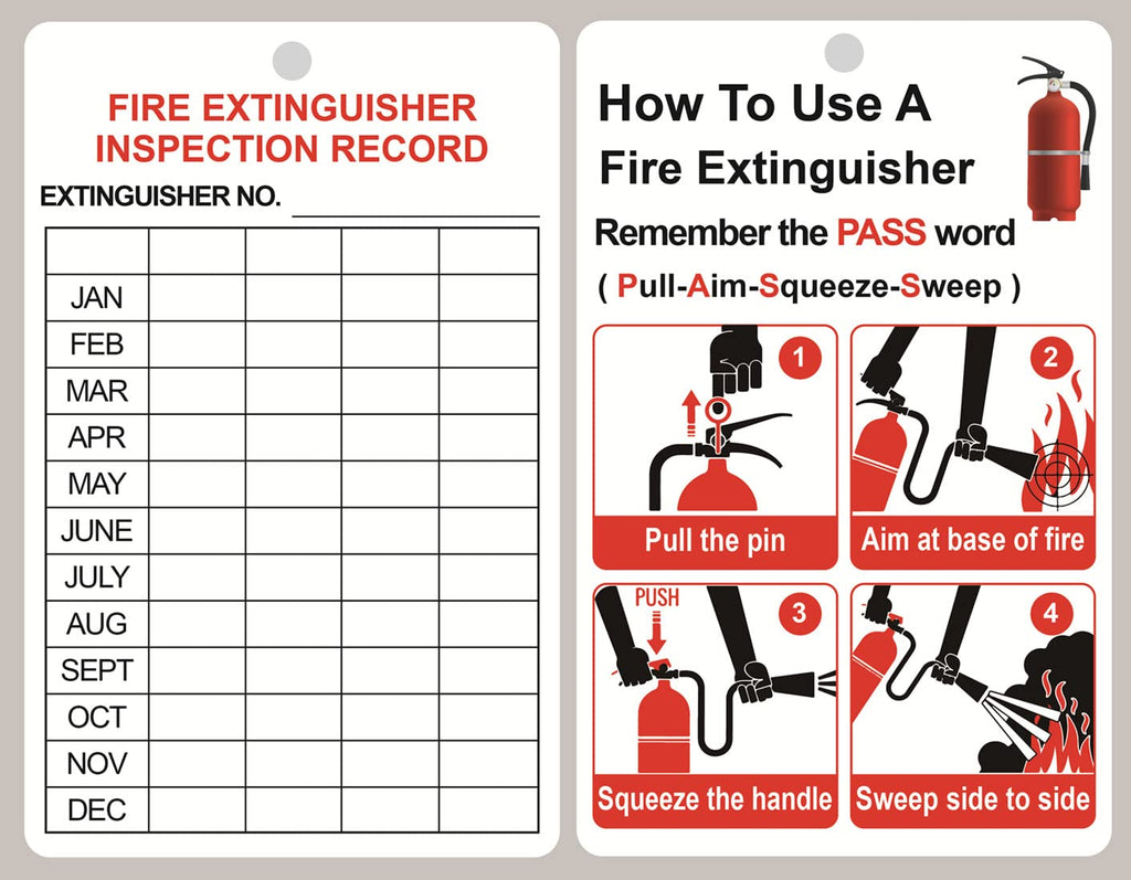Set of 10 M MeshaKippa fire extinguisher inspection tags, 3.2x5 inches, plastic, with adjustable wire ties for monthly safety checks.