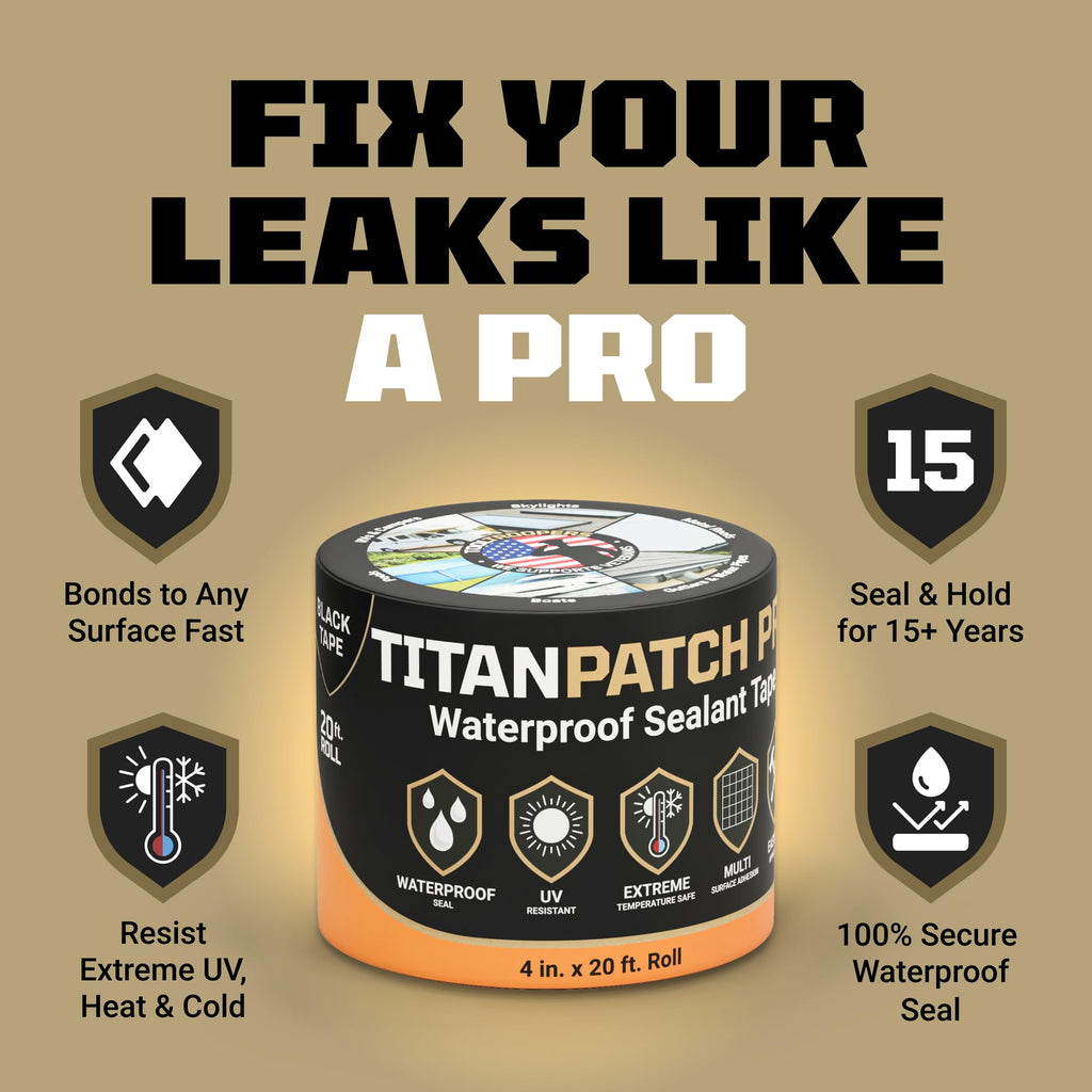 TITANPATCH PRO Waterproof Sealant Tape – Black 4" x20' – Stops Leaks Fast & Stays Sealed for 15+ Years – Sticks to RVs, Roofs, Pools, Boats, Gutters – Built for Harsh Weather (-40°F to 190°F) 4" x 20ft