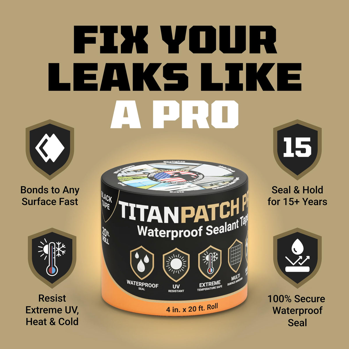 TITANPATCH PRO Waterproof Sealant Tape – Black 4" x20' – Stops Leaks Fast & Stays Sealed for 15+ Years – Sticks to RVs, Roofs, Pools, Boats, Gutters – Built for Harsh Weather (-40°F to 190°F) 4" x 20ft