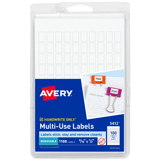 Avery Multi-Use Removable Labels, 5/16" x 1/2", White, Non-Printable, 1,100 Blank Labels Total (5412) 1 Pack