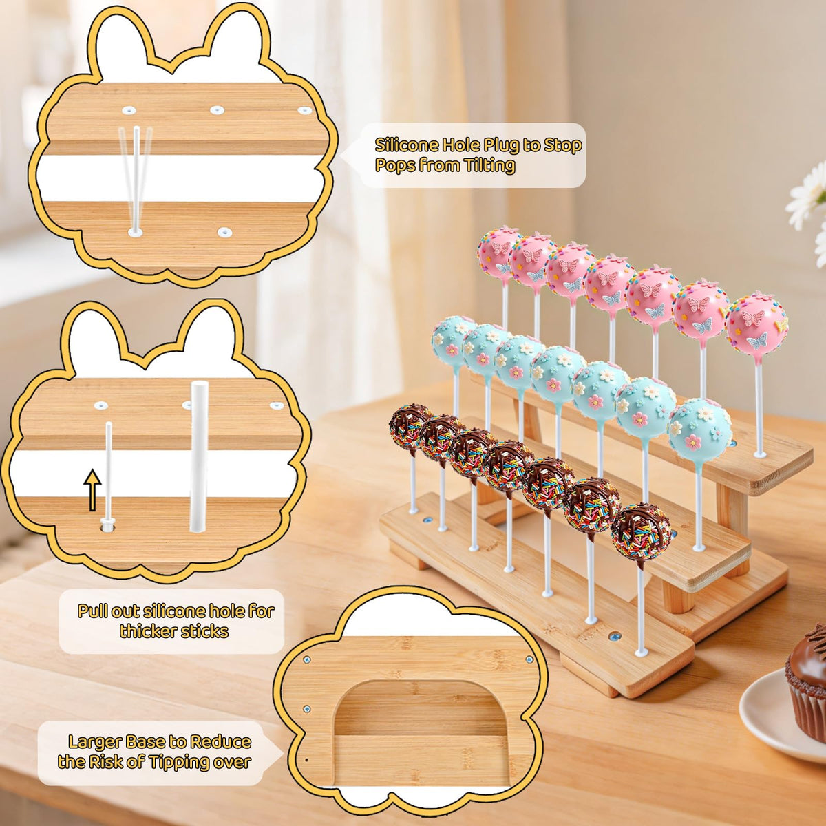 3-Tier Wooden Cake Pop Stand with 21 Holes, 100pcs Cakepop Bags Sticks Ties