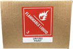 Hazard Class 3 D.O.T. UN1263 paint flammable liquid labels, red and white hazard stickers on a roll for safety labeling.