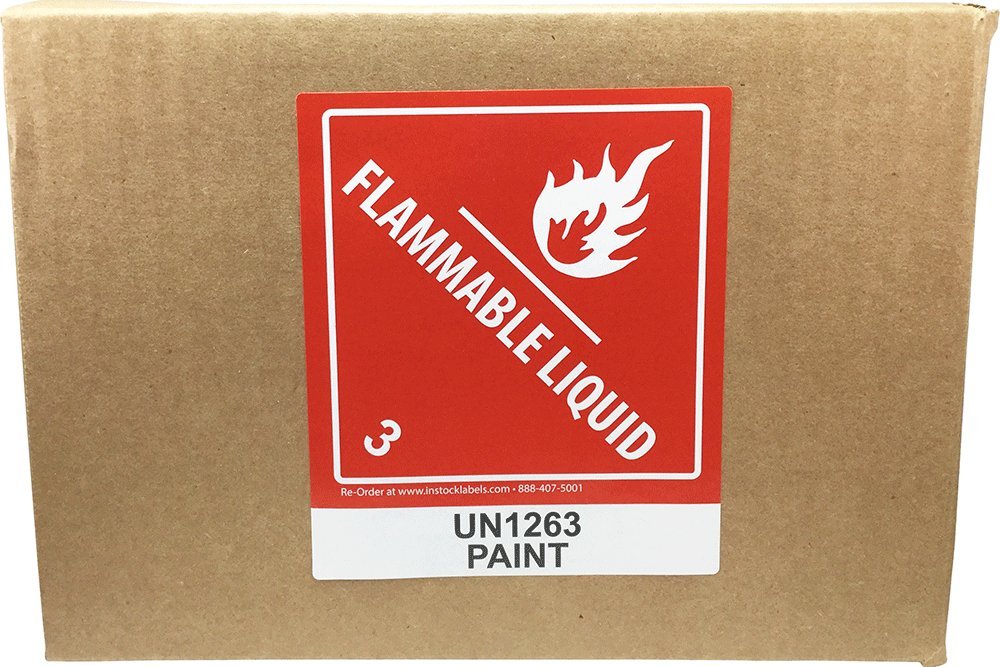 Hazard Class 3 D.O.T. UN1263 paint flammable liquid labels, red and white hazard stickers on a roll for safety labeling.