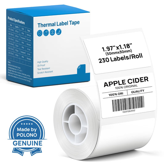 POLONO Thermal Labels for PM220S Label Maker, 1.97"x1.18" (50x30mm), Multi-Purpose Thermal Sticker Label Tape, Self-Adhesive Thermal Paper for Home, Office, 230 Labels/1Roll, White