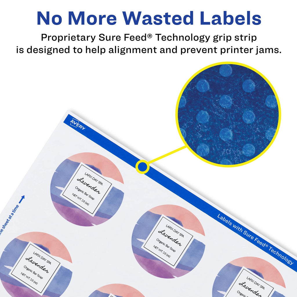 Avery® Glossy White Round Labels, Sure Feed® Technology, 1-2/3" Diameter, 200 Glossy White Labels, Print-to-The-Edge, Permanent Adhesive, Laser/Inkjet Printable 200 labels