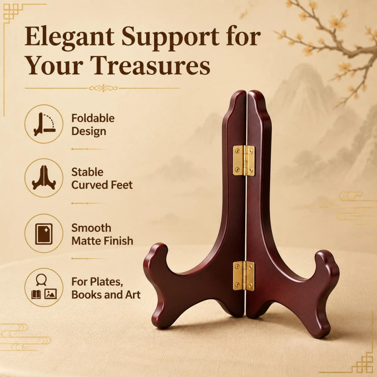12 Inch Wooden Display Stand Folding Wood Plate Stand Frame, Decorative Plate Holders Stands for Display Pictures, Cookbooks, Birthday, Home, Party, Table Easel Display (Burgundy) Burgundy